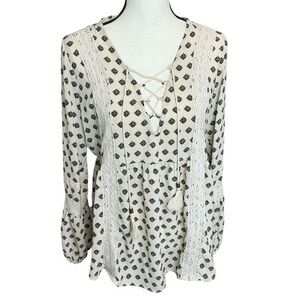 Hint of Mint Lace Up Peasant Blouse Cream and Black Boho‎ Bohemian Cottage Core